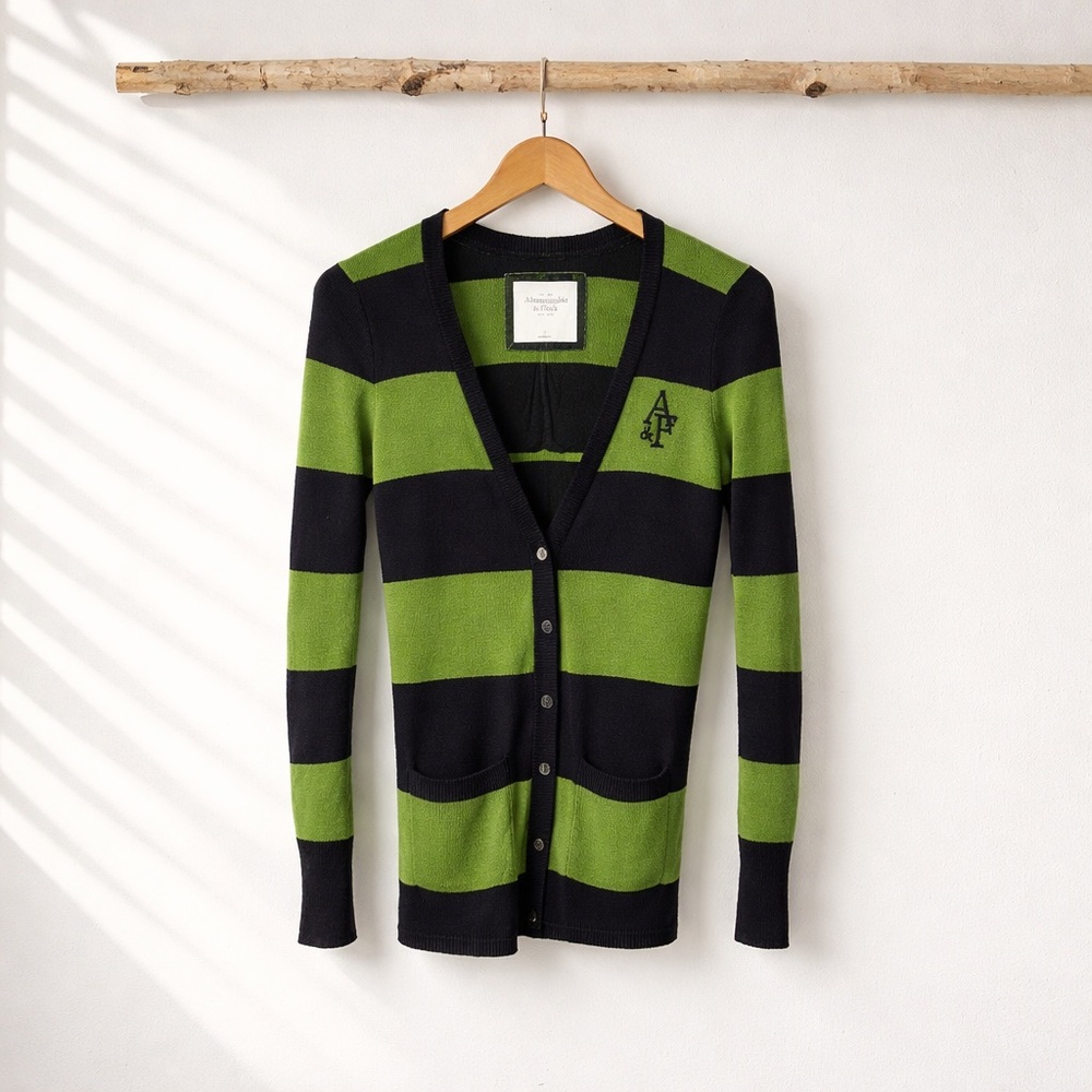 Abercrombie & Fitch Striped Cardigan Sweater Olive Green Navy Blue Womens Size M